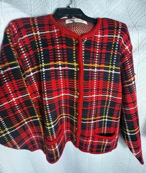 Crystal Kobe Vintage Red Black Plaid Acrylic Button Up Cardigan Sweater